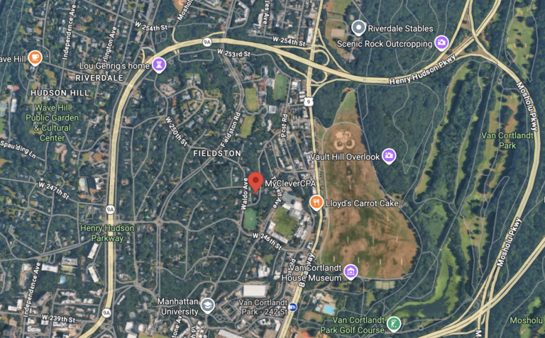 Map view of the MyCleverCPA Riverdale office in the northwest Bronx near Yonkers