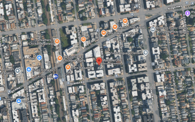 Map view of the MyCleverCPA Brooklyn office near Kings Highway in south Brooklyn